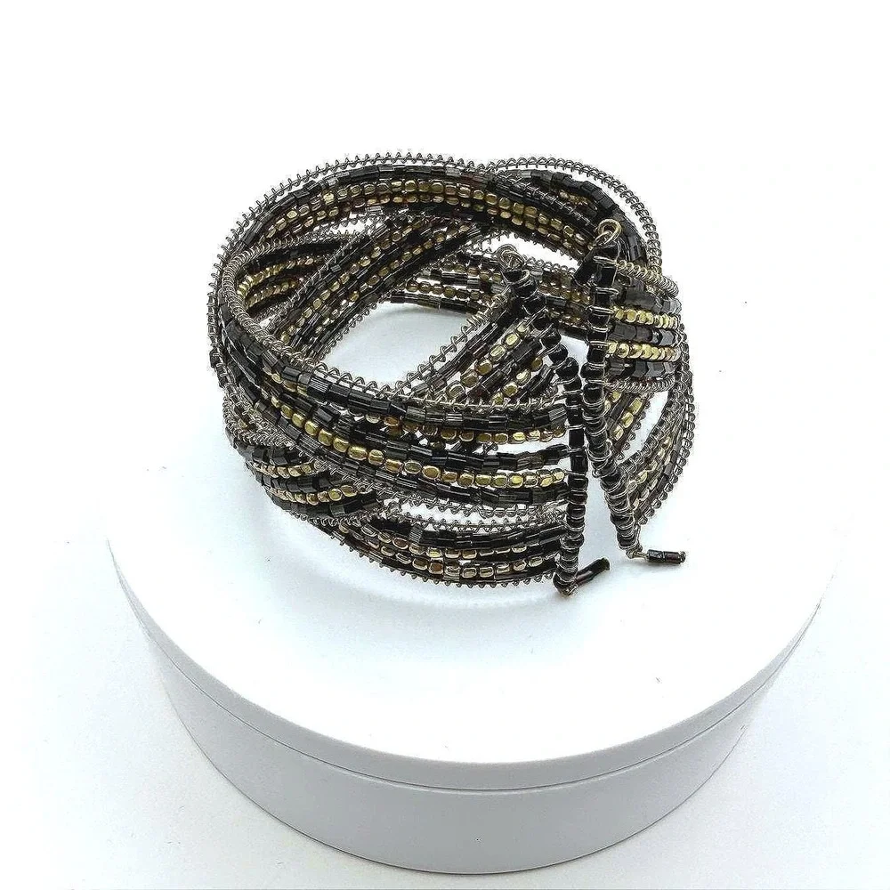 Vintage Cuff Wrap Beaded Braided Bracelet Black Gold Tone‎ Flexible Boho Unisex